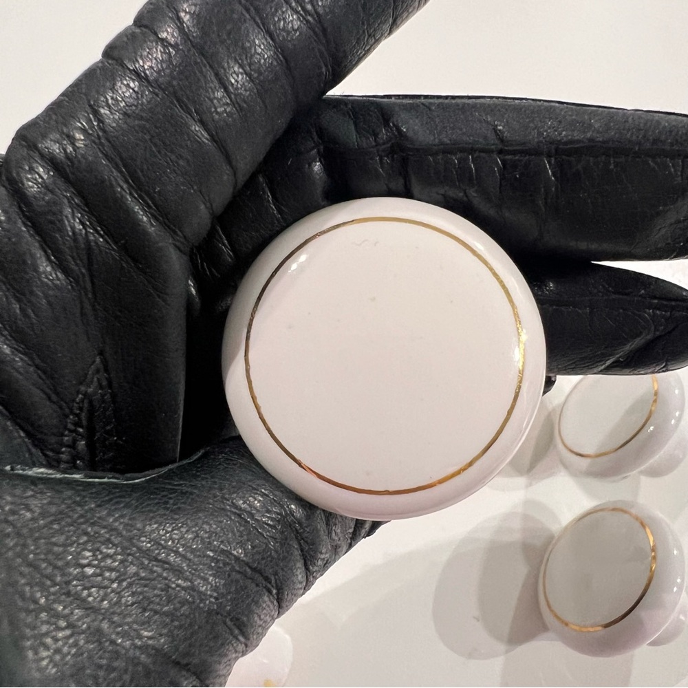 Set of 12 1.5” Porcelain Knob White w Gold tone Ring Band Modern Polished finish